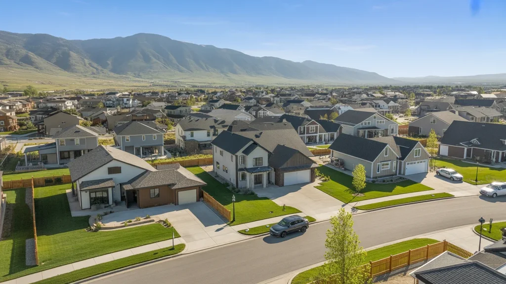 Aerial view of a beautiful planned community with mountain views in Sandy, UT