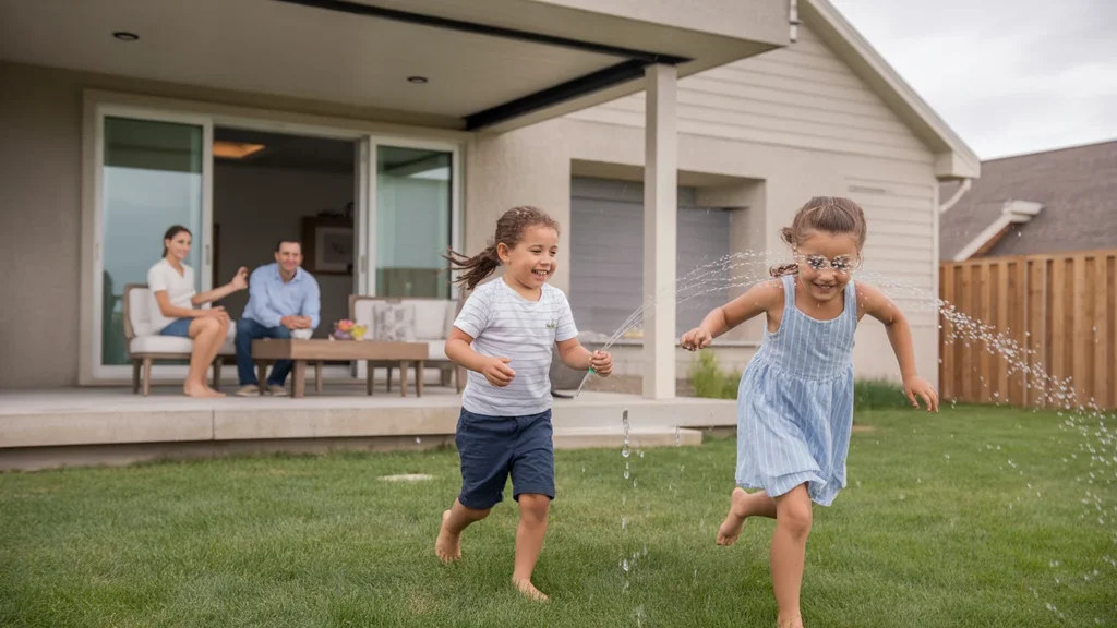 Family enjoying spacious backyard of their Bolingbrook home