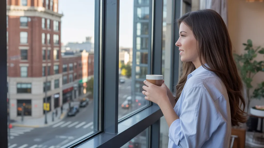 A woman enjoys the view of downtown Naperville from her high-rise apartment.