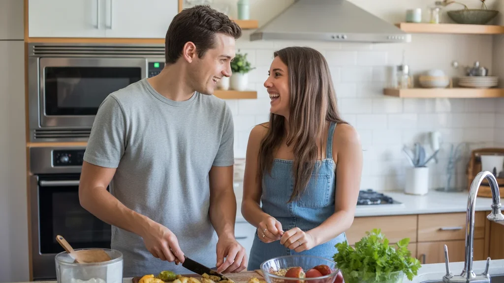 Couple cooking together in modern Georgetown, KY apartment kitchen