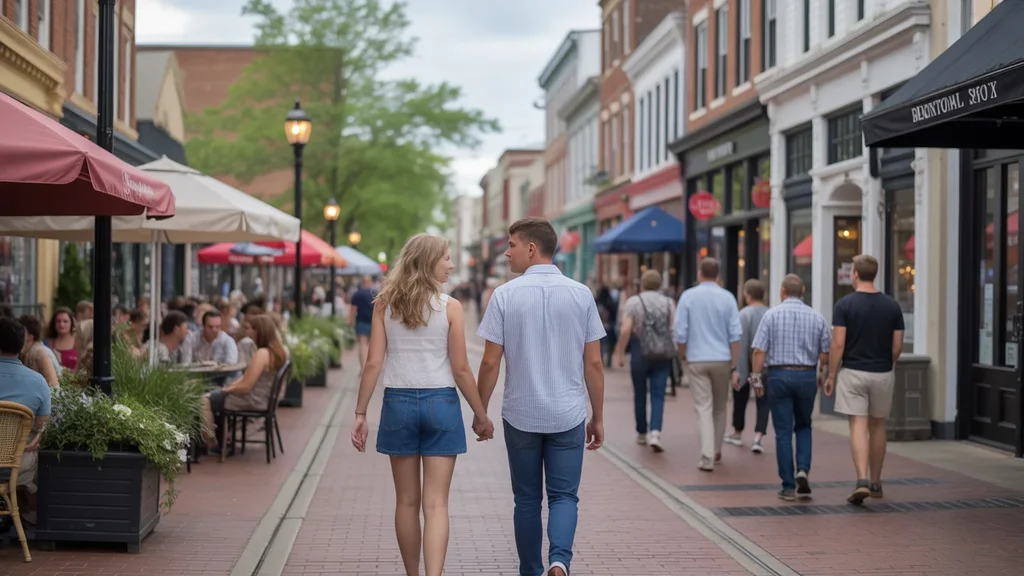 Couple walking and window shopping in downtown Lexington, KY
