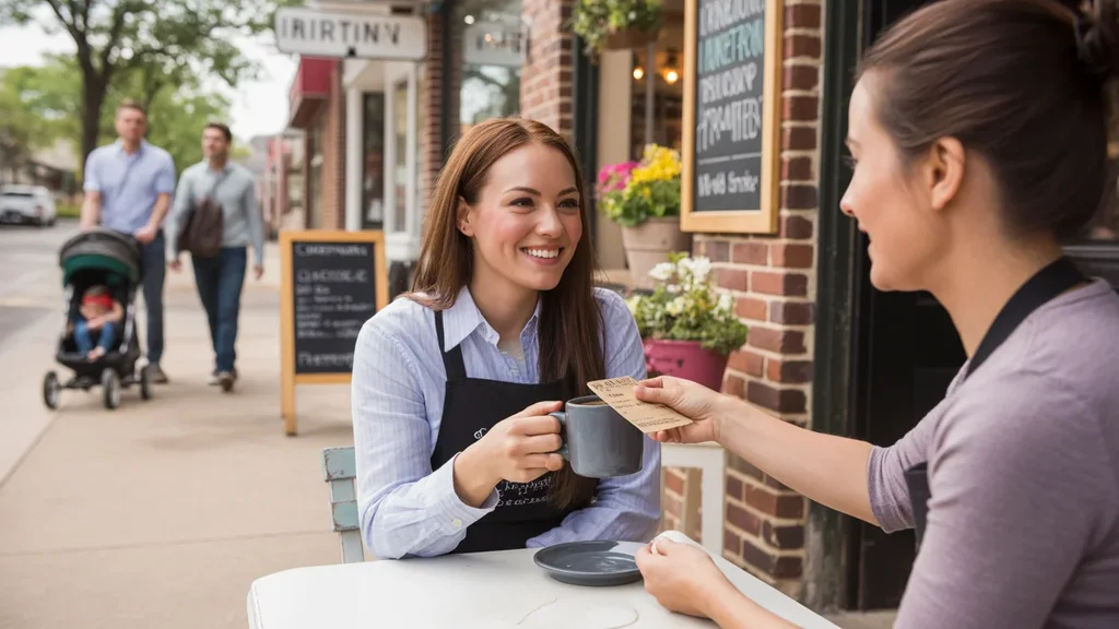 Woman receiving coffee from barista at local cafe in Irving, Texas