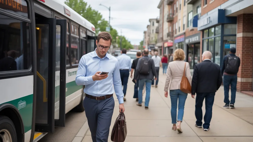 Man in business attire stepping off bus onto busy sidewalk in Thornton, Colorado