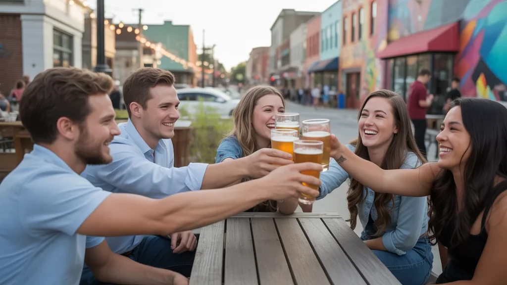 Young people enjoying drinks on brewery patio in Antioch, TN