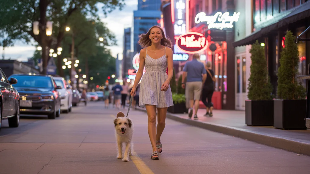 Woman walking dog on a busy Nashville street at night