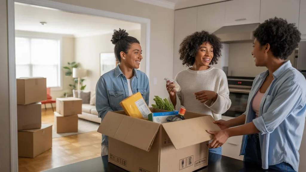 Roommates unpacking groceries in kitchen of Lakewood apartment