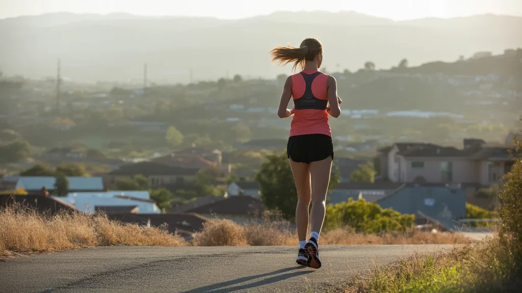 Jogger taking in view of Murrieta hills and homes at sunset