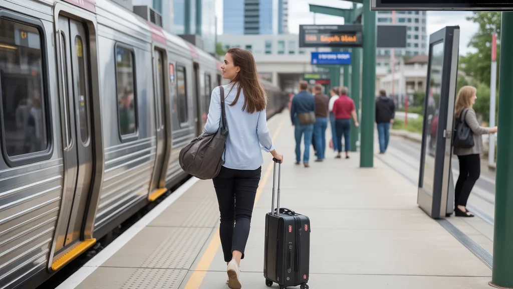 Woman arriving in Lehi, UT by train with luggage, taking in her new city surroundings