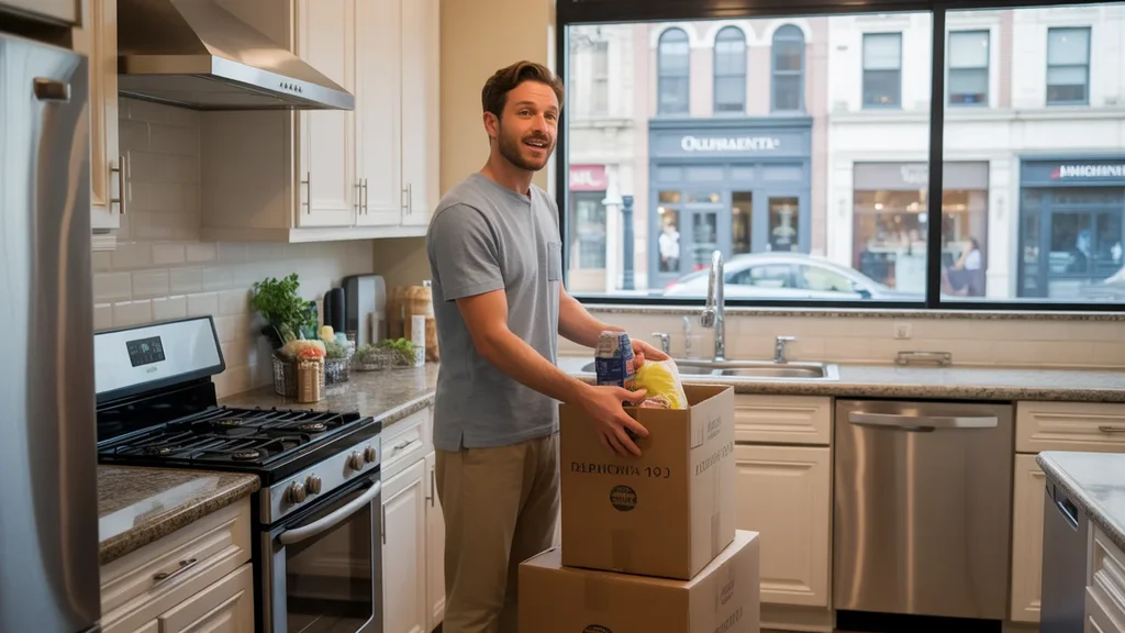 Man unpacks groceries in his new Alpharetta apartment