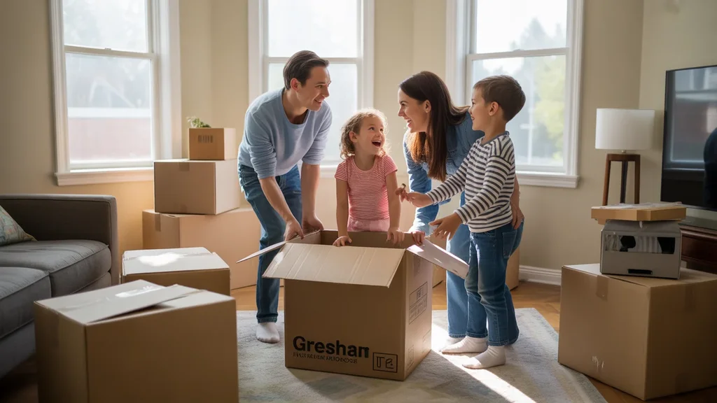 Family unpacking in sunny living room of new Gresham apartment