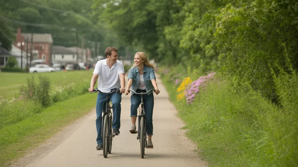 Couple biking on a sunny trail lined with lush greenery and wildflowers in Nicholasville KY.