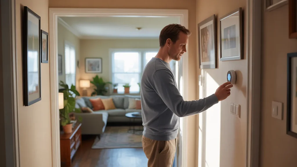 Man adjusting smart thermostat on hallway wall in Norman home