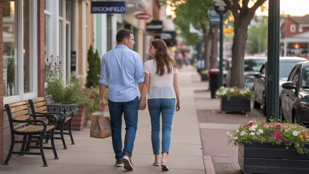 Couple walking in downtown Broomfield, Colorado at sunset