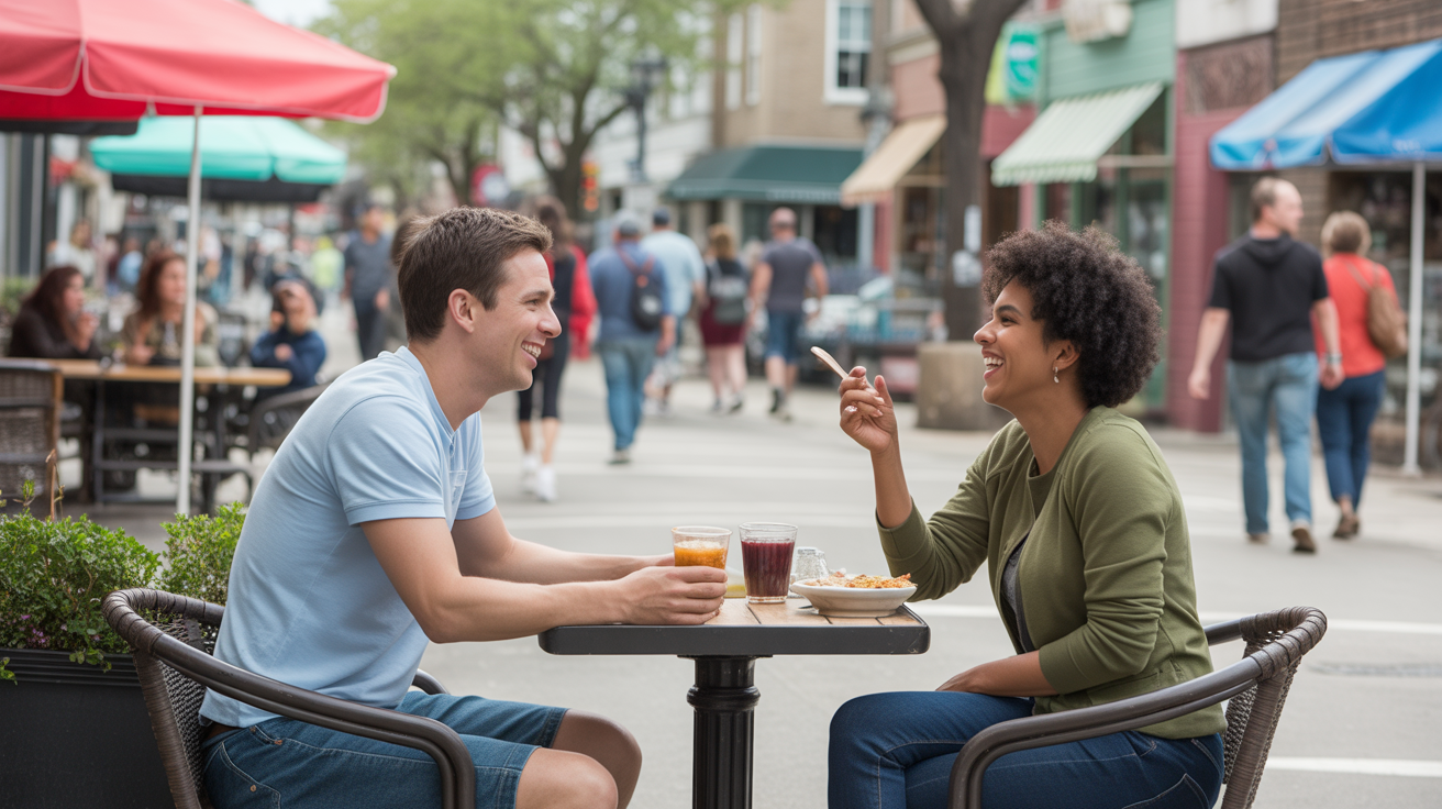 Friends enjoying lunch at an outdoor cafe in walkable Antioch neighborhood