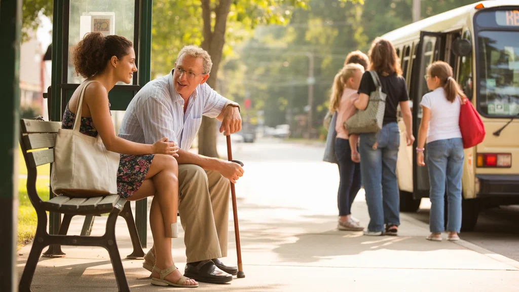 A young woman chats with an older man at a bus stop bench on a sunny, tree-lined street in Roswell, Georgia