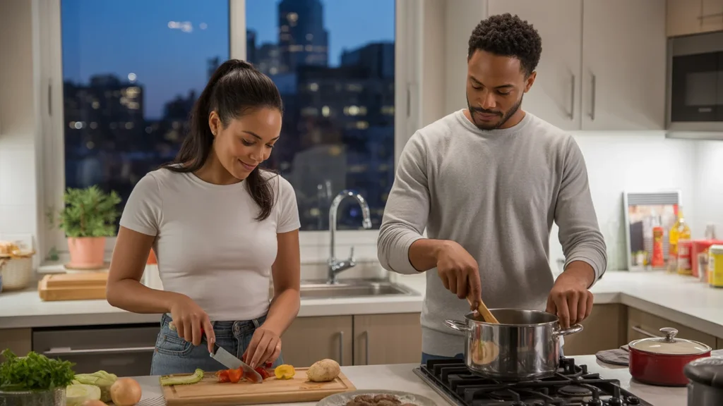 Couple cooking dinner together in Thornton apartment kitchen