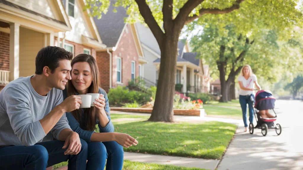 Couple drinking coffee on front porch of suburban Oklahoma City townhome