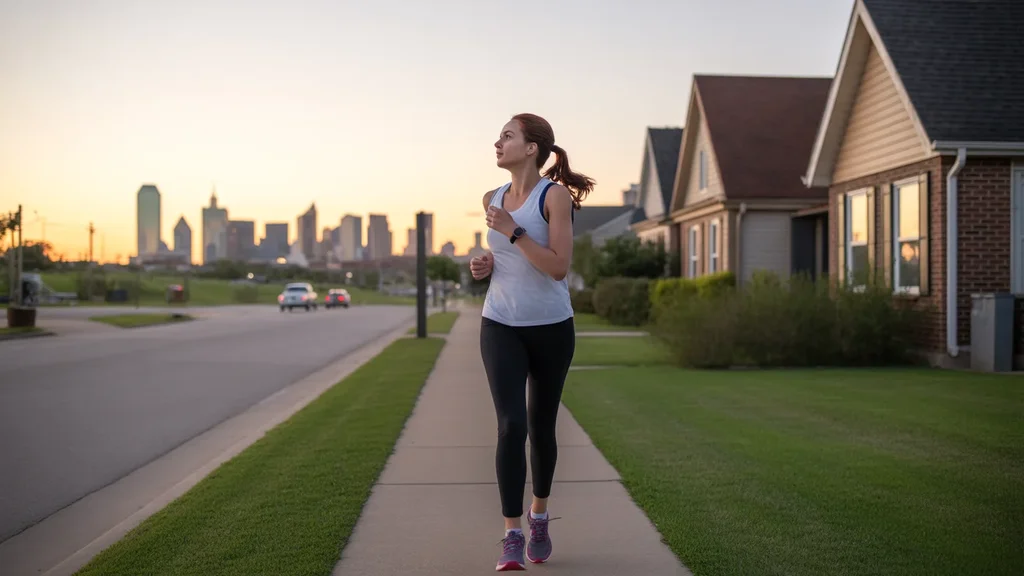 Woman jogging in Grand Prairie neighborhood, pausing to view distant Dallas skyline