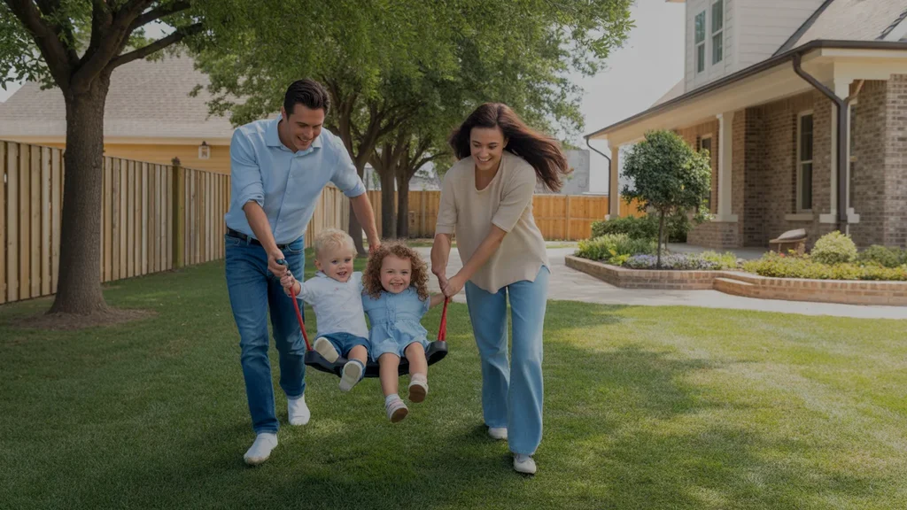 A family enjoys the large backyard of their new home in Brentwood, TN on a sunny day.
