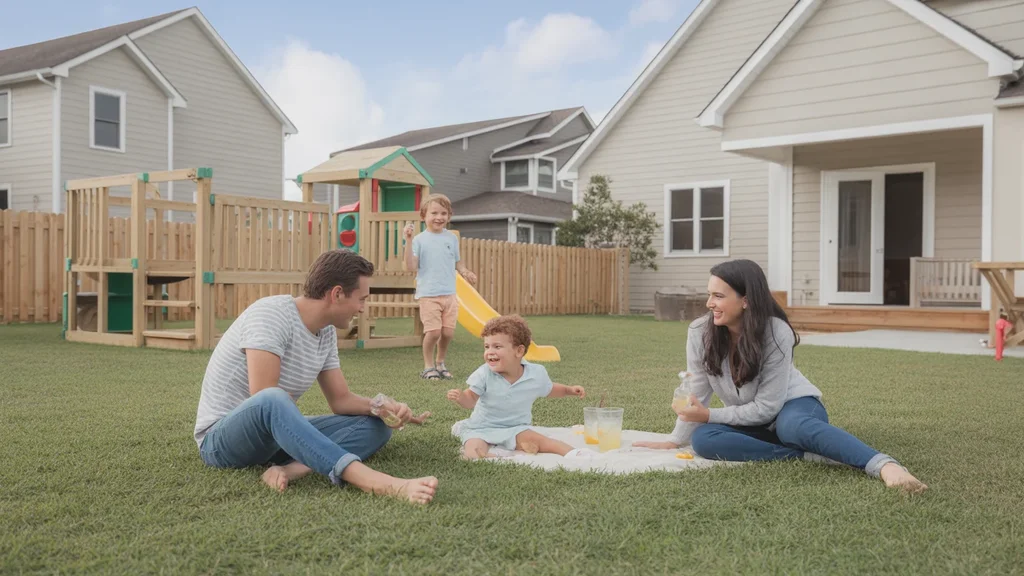 Family enjoys playtime in the backyard of their suburban Antioch home.