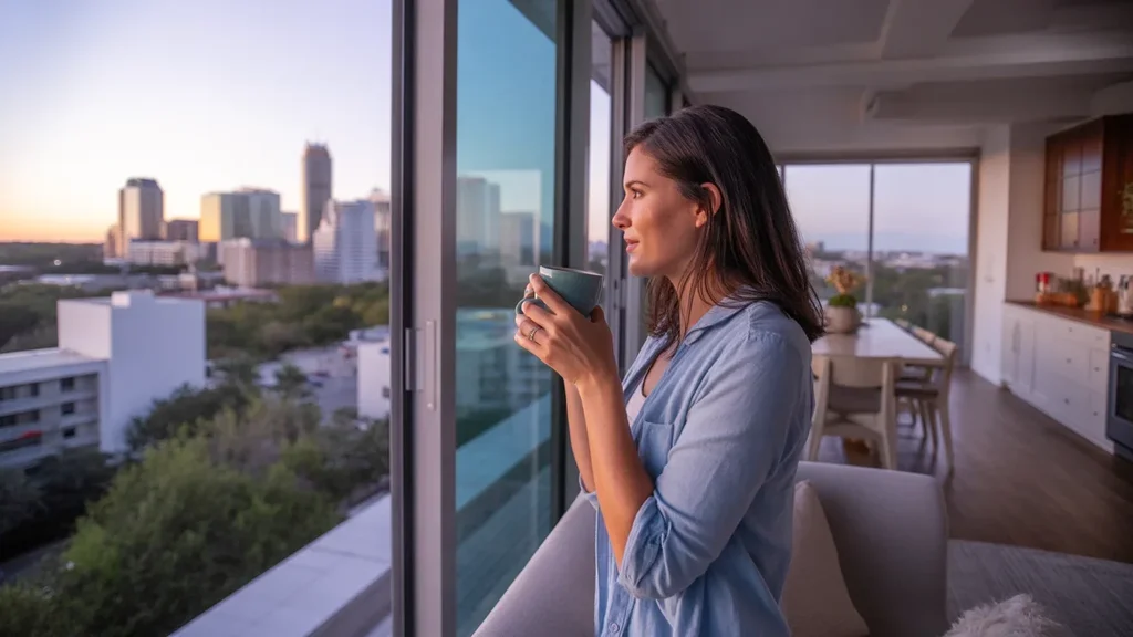 Woman drinks coffee and looks at Orlando skyline from apartment