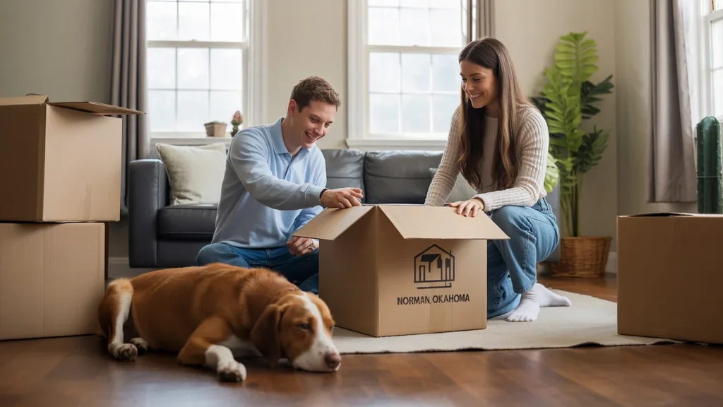 Couple unpacks moving boxes in their new Norman, Oklahoma rental home