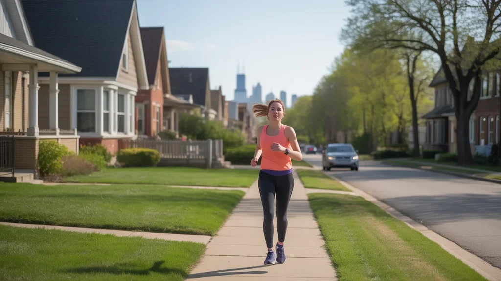 A jogger pauses on a sidewalk in Aurora, Illinois with the city skyline in the distance