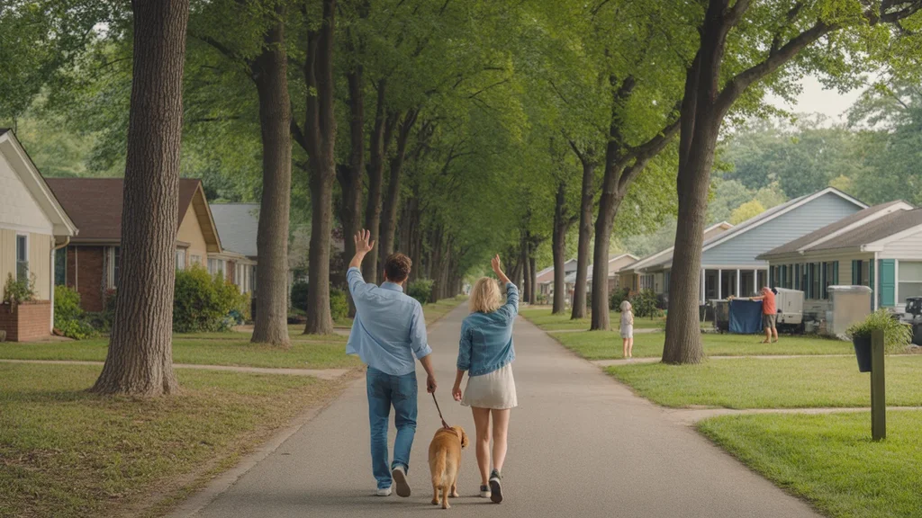A couple walks their dog through a peaceful Shively, KY neighborhood on a sunny day.
