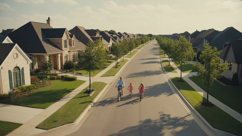 Aerial view of a nice neighborhood street in Frisco with a family biking
