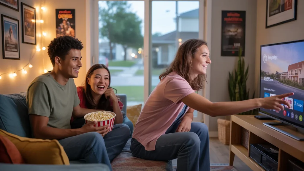 Two roommates enjoying a movie night in their cozy Pflugerville apartment living room