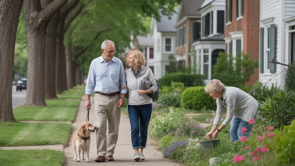 Couple walking dog on residential street in Wheaton