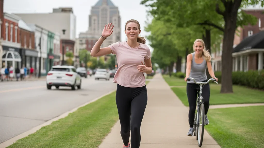 Woman jogging on residential sidewalk in Nicholasville, KY with city skyline in background