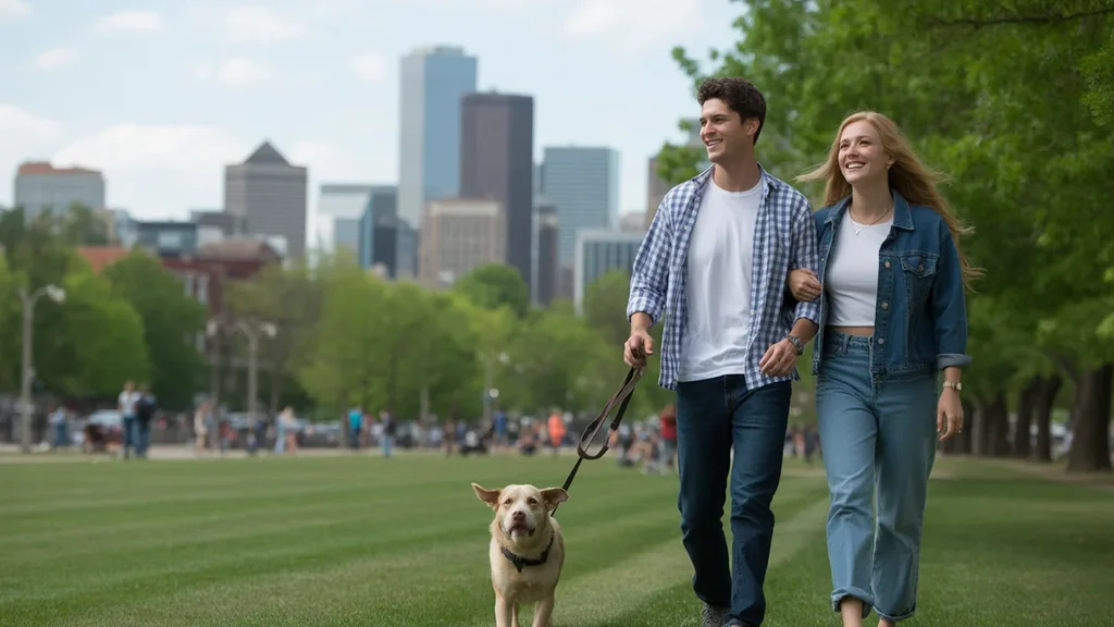 Couple walking dog in Westminster park with view of Denver skyline through trees