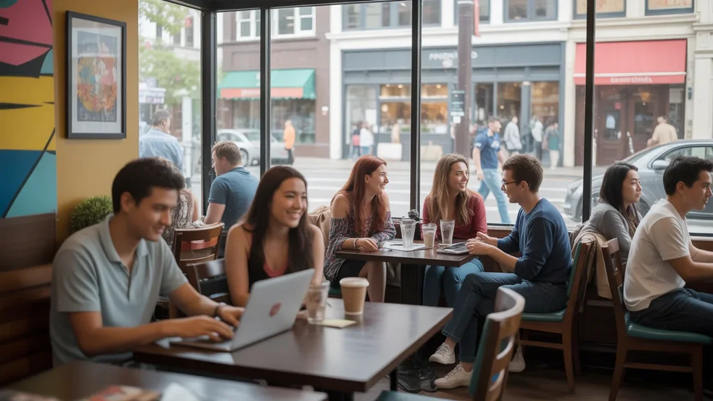 Busy, trendy coffee shop interior in Ontario with diverse customers and view of downtown storefronts.