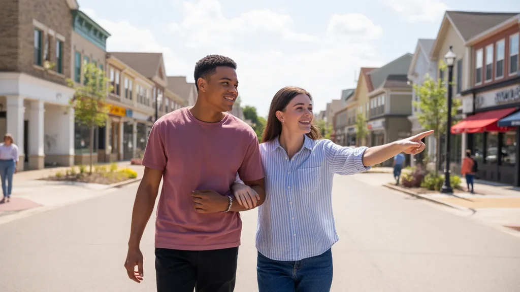 Friends exploring a walkable mixed-use neighborhood street in Grand Prairie, TX