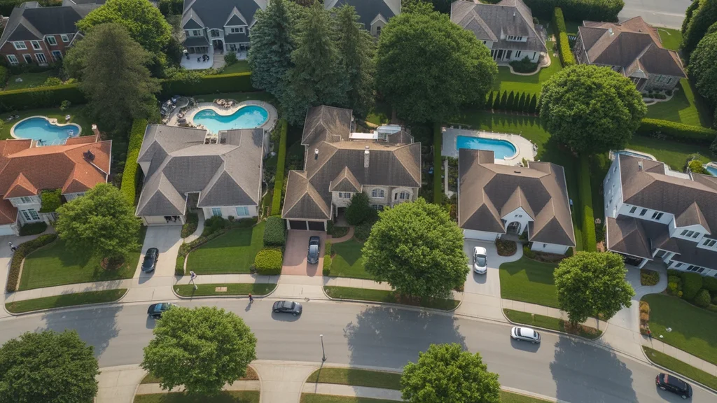 Aerial view of spacious luxury homes in a lush Brentwood, Tennessee neighborhood