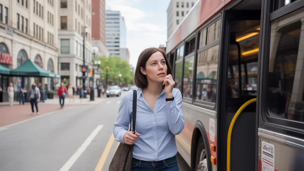 Woman getting off bus in downtown Lexington