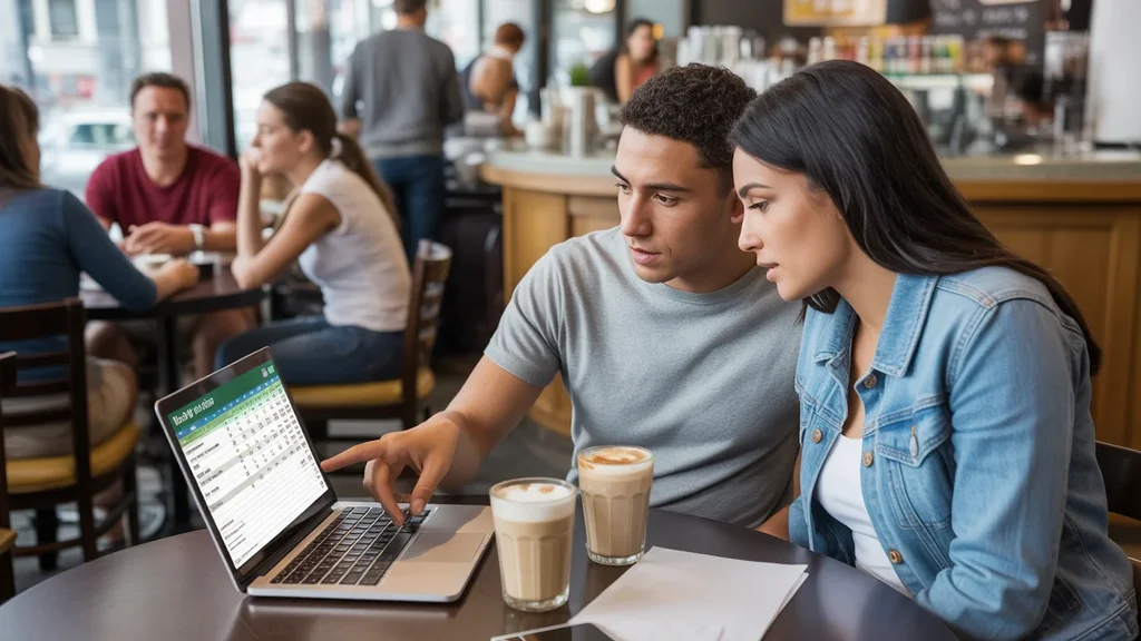 Couple discusses their monthly budget over coffee in a Lexington, KY cafe, reviewing spreadsheets on a laptop.