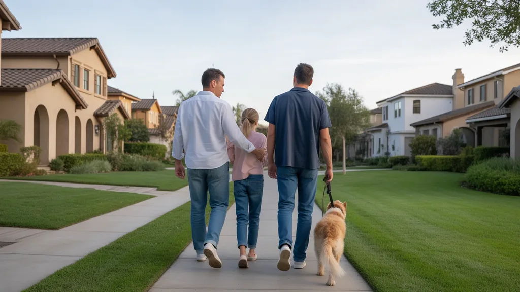 A family walks their dog in an upscale Chino Hills neighborhood at dusk