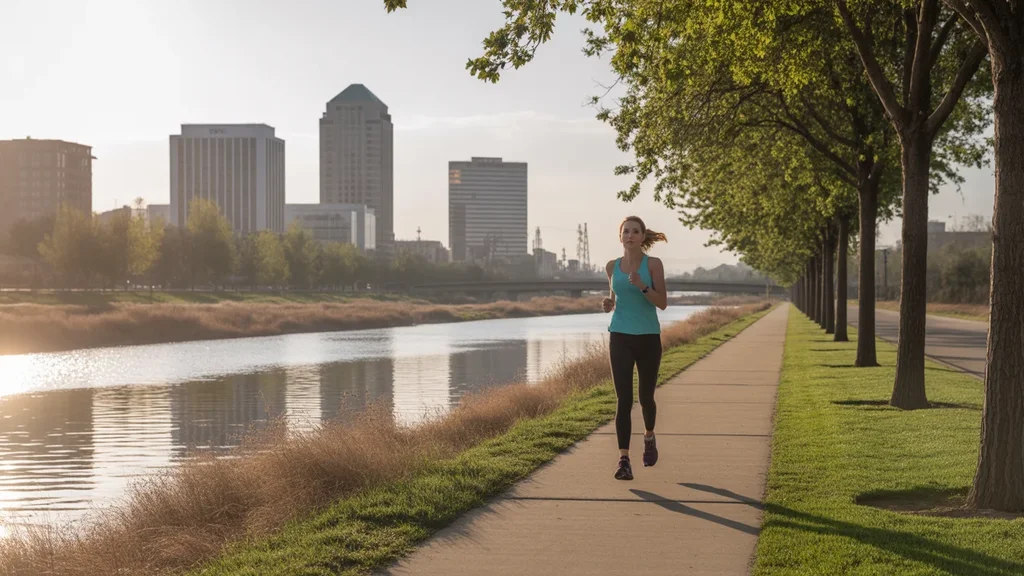 Woman jogging along the Santa Ana River trail in Riverside, CA
