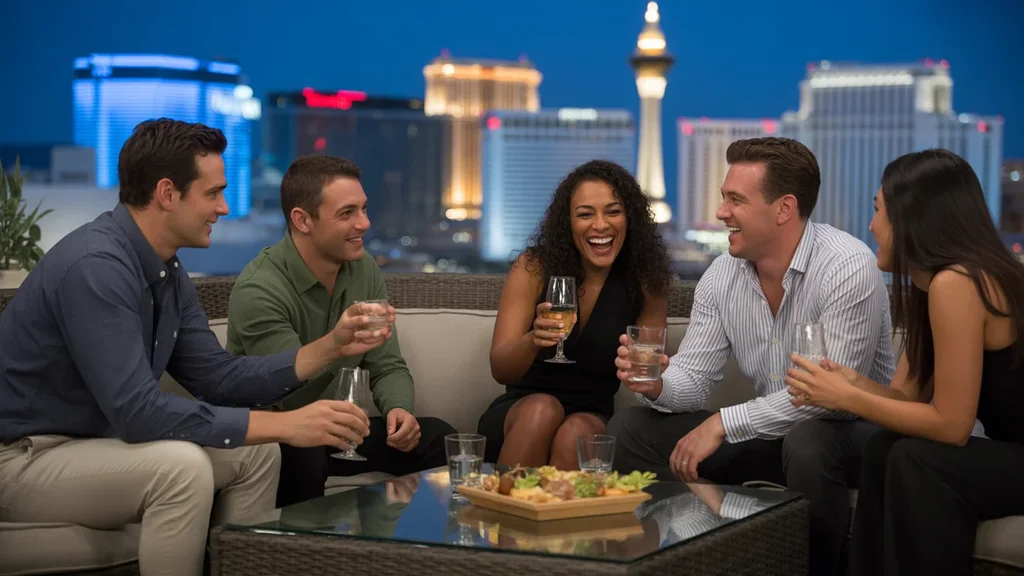 Group of friends dining on Las Vegas rooftop with city view
