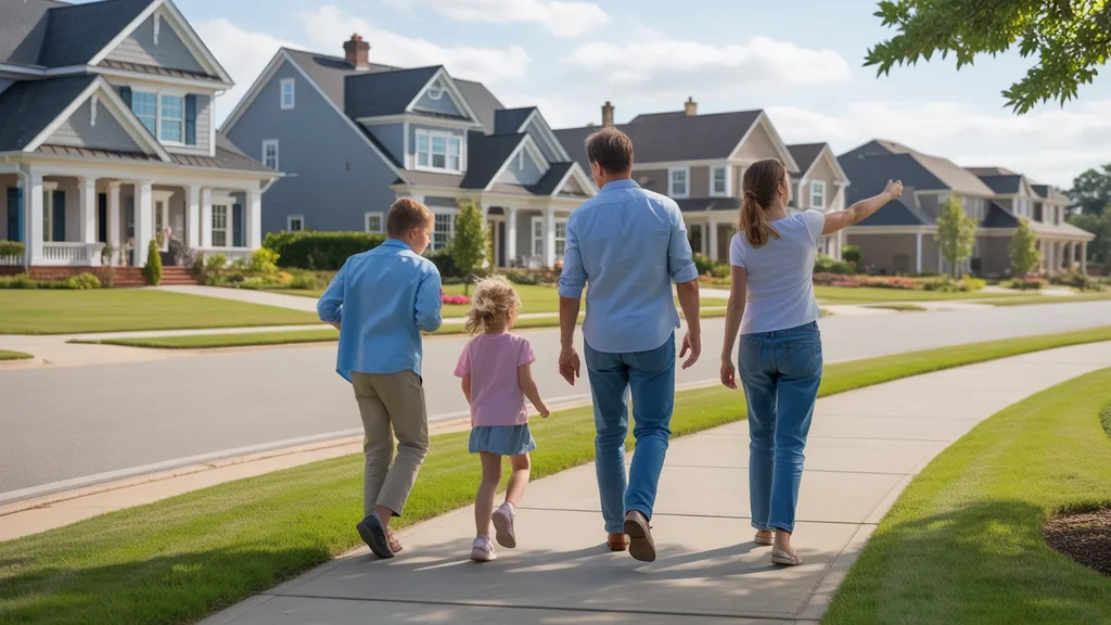 Family walking through upscale Raleigh suburb on sunny day