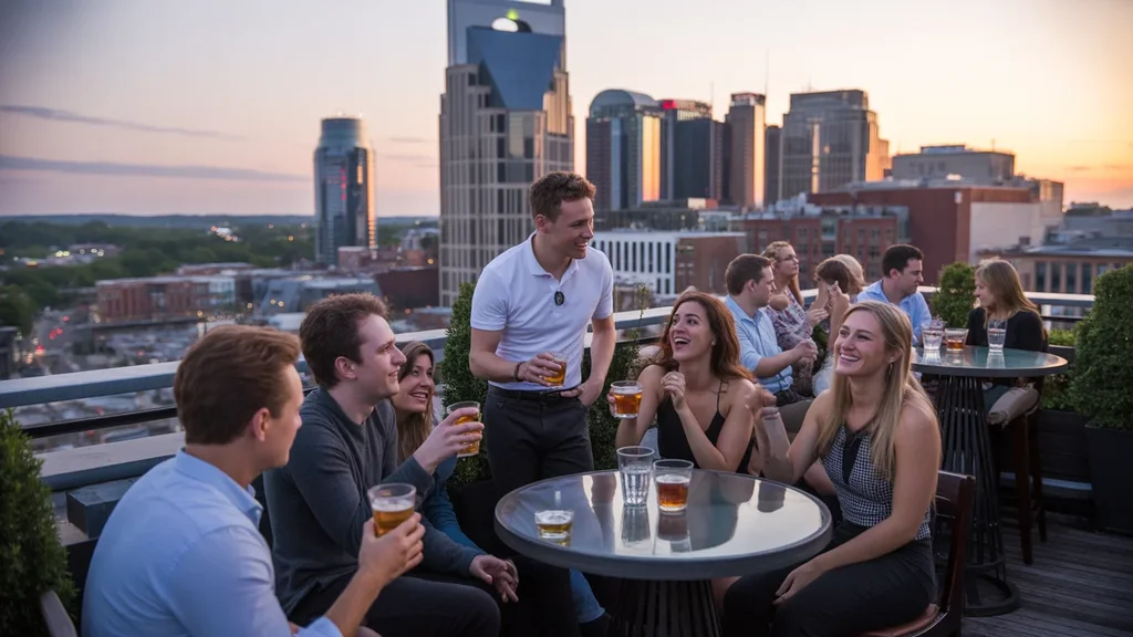 Friends having drinks on a busy rooftop bar with the Nashville skyline in the background