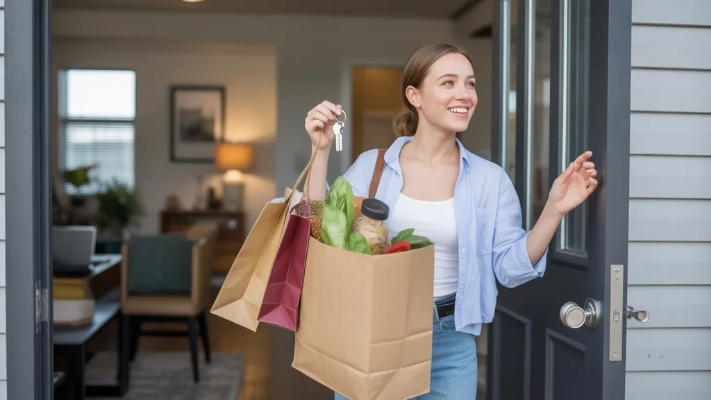 A woman carries groceries into her new apartment in Nicholasville, KY, glancing around at the upgraded space.