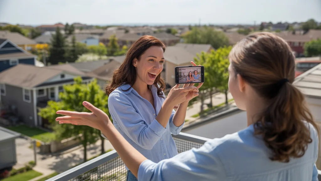 Woman video chats with family about her new life in Antioch apartment with view of neighborhood