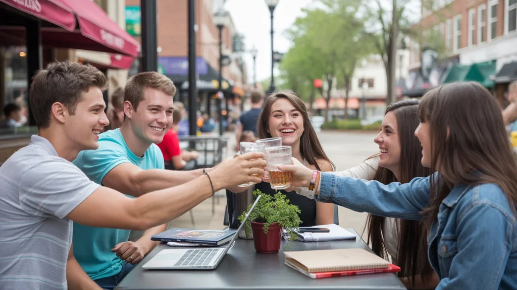 College students enjoy food and drinks on restaurant patio in downtown Norman, Oklahoma