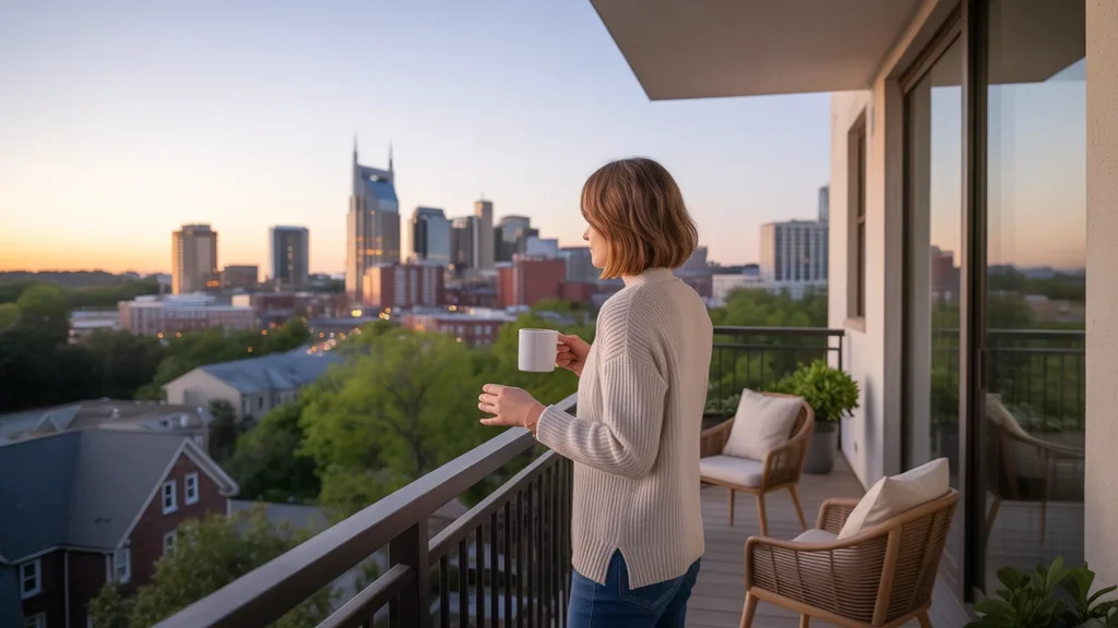 A person enjoys coffee on their balcony in Hermitage, TN with the Nashville skyline in the distance