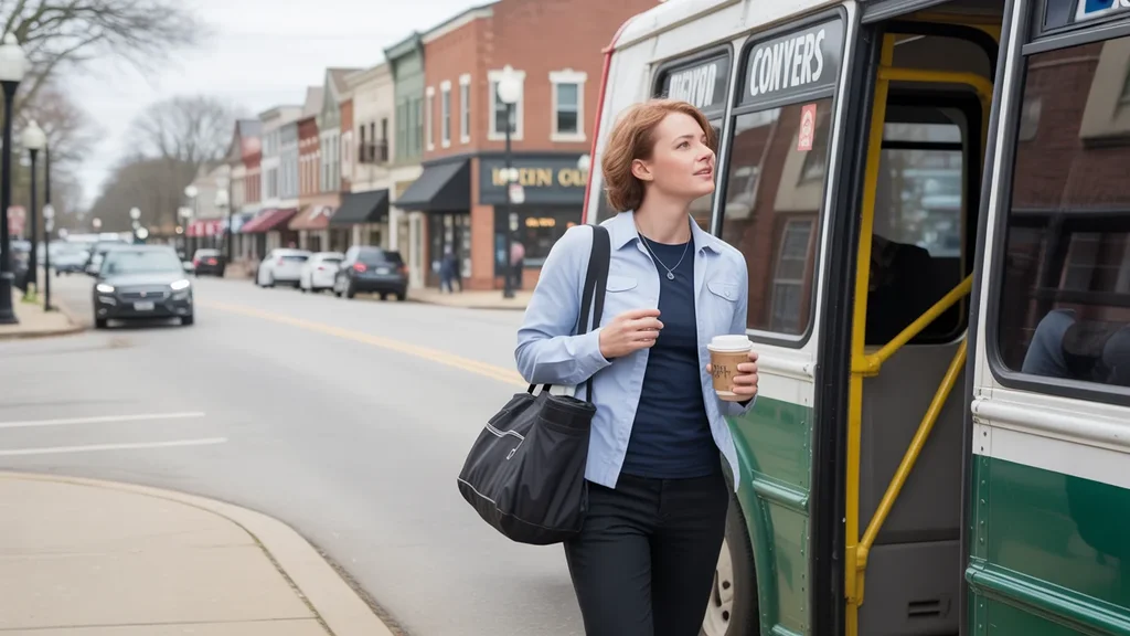 Person exiting bus in walkable downtown Conyers holding coffee