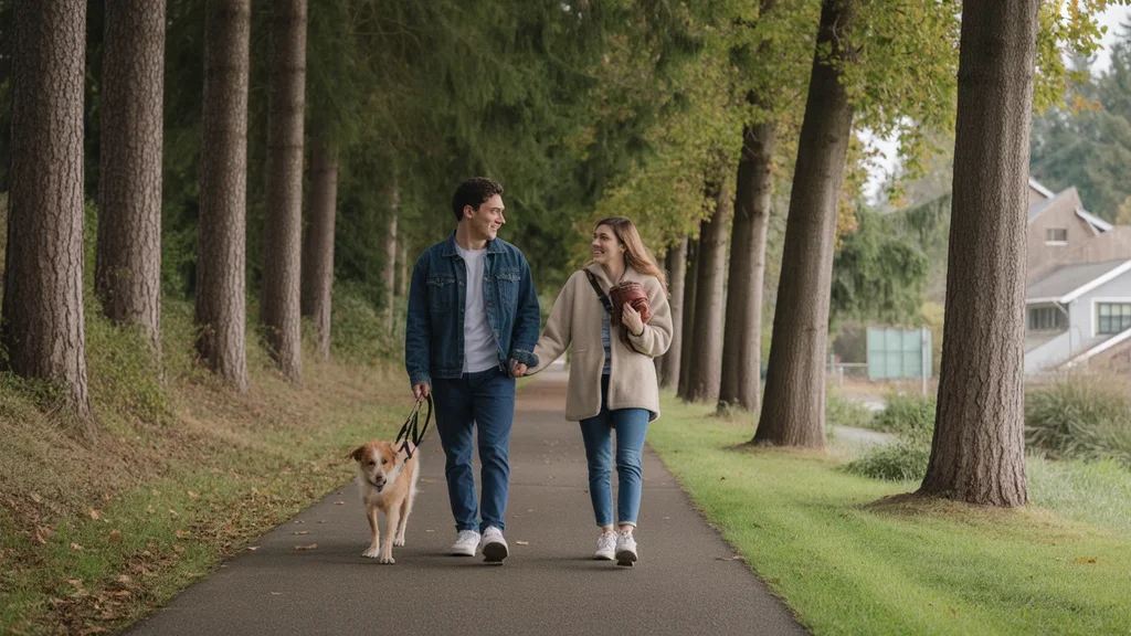 A couple walks their dog on a tree-lined trail in their walkable Tualatin neighborhood