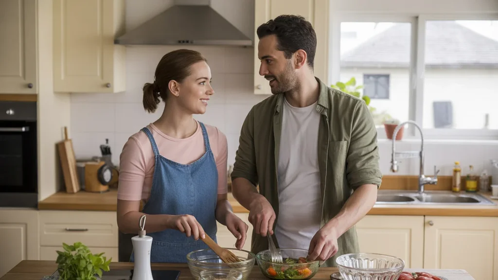 Couple cooking together in modern kitchen of their West Jordan home
